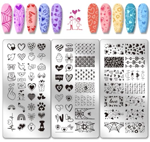 PH PandaHall 3pcs Modèles D'Art D'Ongle de Cœur D'Amour Plaque D'Estampage de Ongles Motif Battement de Cœur Pochoirs D'Image à Cœurs Mélangés pour Mariage Été Femmes Design D'Ongles Salon de Manucure