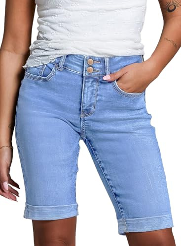 Sidefeel Women's Bermuda Jean Shorts High Waisted Stretchy Dressy Casual Denim Shorts Size 12 Light Blue