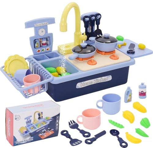 Fregadero de Juguete con Agua Corriente, Fregadero Cocina Juguete con Lavaplatos y Grifo Agua, Lavavajillas Juguetes, Accesorios Cocina Juguetes, Juegos de rol para Niños y Niñas 3 4 5 6 Años