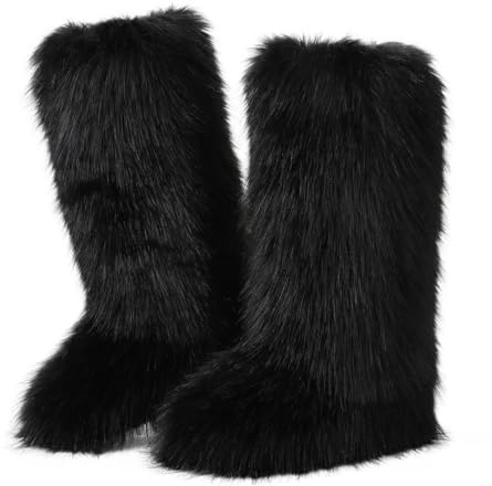 CELNEPHO Black Women's Fur Boot Comfortable Furry Knee High Boots Round Toe Warm Snow Boots Fashion Winter Boots