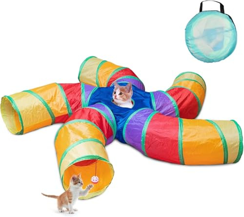 Tunel pour chat d'intérieur - Grand tunnel à 5 voies et tube avec balle pour jeu - En forme de S - Avec judas interactif - Idéal pour les exercices en intérieur et pour chatons