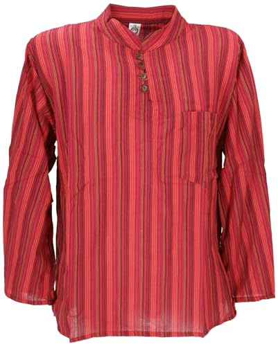 GURU-SHOP, Camisa de Pescador de Nepal a Rayas Goa Hippie Shirt, Rojo, Algodón, Tamaño:48, Camisas de Hombre