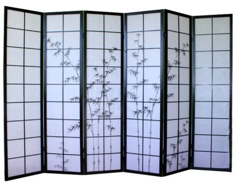Paravent Japonais en Bois Noir avec Dessin Bambou de 6 pans -PEGANE-