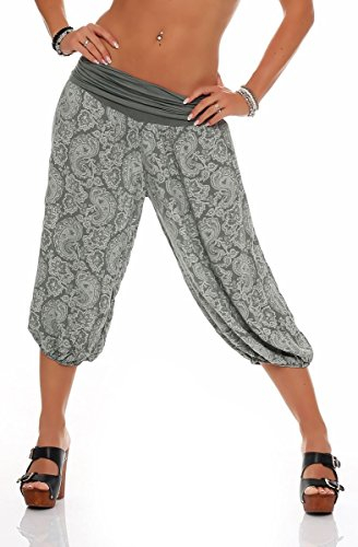 Malito – Damen Haremshose mit Orient Print – Pumphose aus Baumwolle – Kurze Stoffhose – Pluderhose zum Tanzen, Chillen & Yoga – knielange Capri Hose 8581 (Oliv)