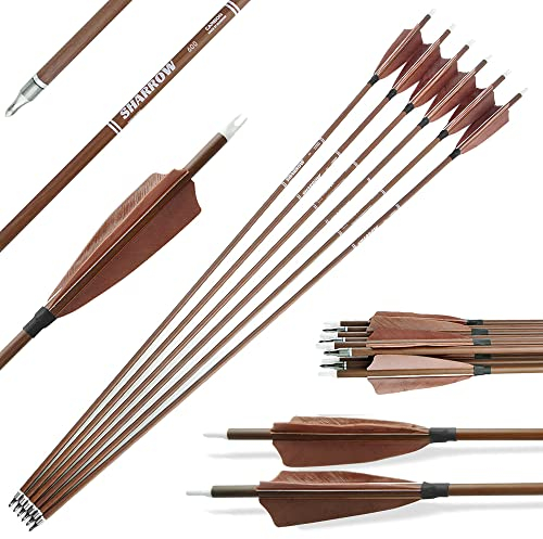 AMEYXGS 6/12x Bogenschießen Carbon Pfeile 31inch Jagdpfeile 340/400/500/600 Spine mit 4 Truthahnfedern Bogenpfeile für Recurve Compound Traditionelle Bogen Praxis (12, Braun, Spine 600)