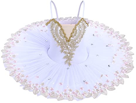 OBEEII Robe de Ballet Paillettes Broderies Ballet Tutu Justaucorps Danse Classique Gymnastique L�otard Costume Blanc C 9-10 Ans