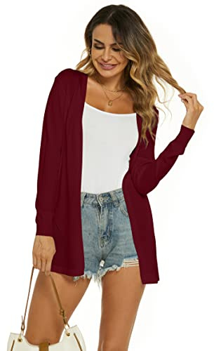 Ietaoo Cardigan Lungo Donna Elegante Manica Lunga Giacca Cardigan Casual Maglia Cappotto Leggero Aperto Davanti Cardigan per Estivo Primavera Vino Rosso S