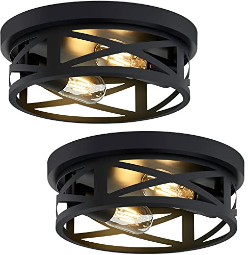 ZHU YAN 2 Pack Black Flush Mount Ceiling Light,Industrial Farmhouse Metal Cage Black Light Fixtures Ceiling Mount for Kitchen Entryway Hallway E26 Base (10.63in)