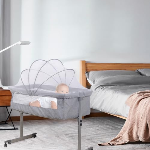 HUOLE Spjälsäng för spädbarn, 2-i-1 campingsäng med gunghäng, hopfällbar spjälsäng med madrass och myggnät ålder 0–36 månader, 96 x 57 x 77 cm-grå