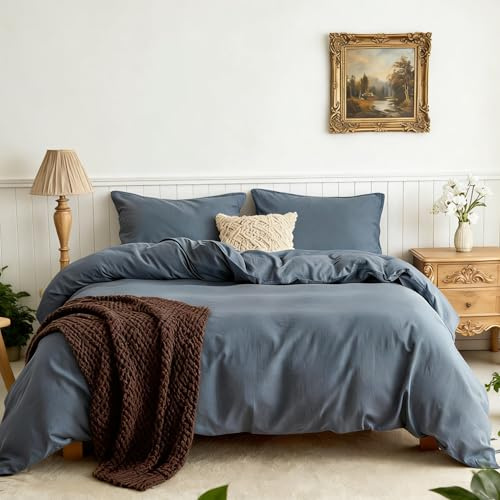 Simple&Opulence Linen Duvet Cover King,Natural Linen Cotton Duvet Cover with Pillowcase,King Size Bedding Set,Soft Warm Breathable Bed Quilt Cover with Button Closure,230x220cm,Navy Blue