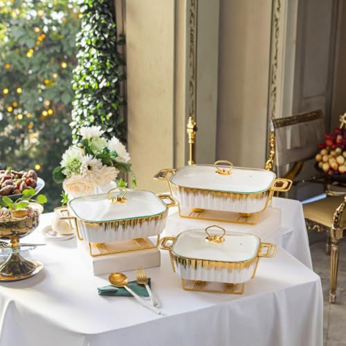 HONHPD 3 Piece Set Chafing Dish Buffet Set, Ceramics Chafer with Imitation Marble Finish, Chafer and Buffet Warmer Set for Buffet Weddings,Parties, Banquets,Catering Events,Golden