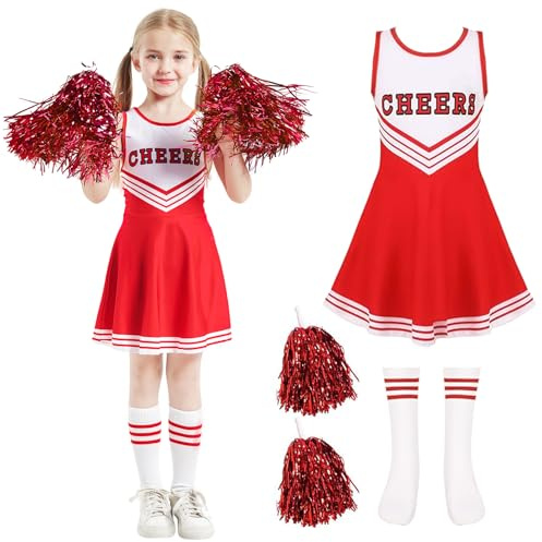 MAXHJX Disfraz Carnaval de Animadora para Niñas: Disfraz Cheerleader Niña con Pompones Calcetines - Uniforme Cheerleader para Carnaval Cosplay Competición Deportiva y Fiestas