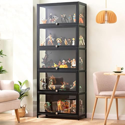 FERFXN Vitrine, Kuriositätenschränke mit Glastüren, Glasvitrine, Bambus-Aufbewahrungsschrank, Sammlungsdisplay, sicher und gesund, 80 * 32 * 172CM Black
