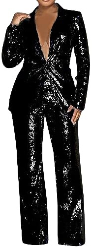 Completo di Pantaloni e Blazer Elegante per Donna con Paillettes Giacche da Abito Blazer a Maniche Lunghe Ufficio Tailleur Pantalone Completo in Due Pezzi Set per Feste Prom Party Outfit