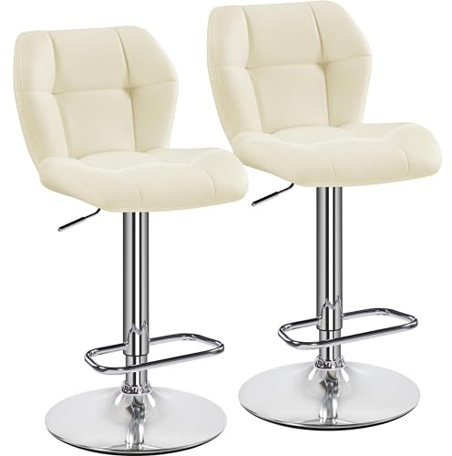 Yaheetech Juego de 2 Taburetes de Bar Taburetes Altos de Cocina de Polipiel, Altura Ajustable, Giratorio en 360° con Respaldo y Reposapiés, Beige
