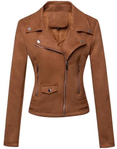 ANUFER Women's Faux Suede Leather Biker Jacket Cool Cross Zipper Short Coat SD5A1212 Brown L