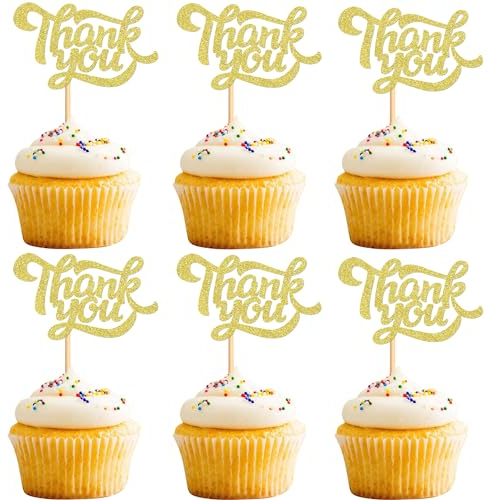 Blumomon 24Pcs Gold Glitter Thank You Cupcake Toppers Thank You Cupcake Picks for Birthday Anniversary Thanksgiving Parents, Friends, Teachers, Colleagues Cake Decoration Supplies