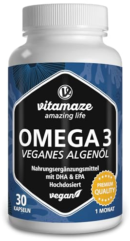 Omega 3 vegan & hochdosiert: 375 mg DHA & 125 mg EPA in nur 1 Kapsel, 1080 mg hochwertiges Algenöl für 1 Monat, höchste Bioverfügbarkeit