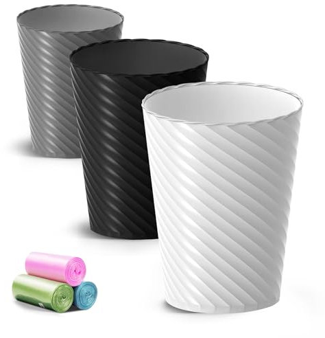Lysam Bathroom Trash Can, 3 Pack 1.8 Gallons Small Trash Can with Trash Bags, Bathroom Garbage Can, Plastic Trash Bin, Round Waste Basket for Bedroom, Office, Room (White Black Grey)