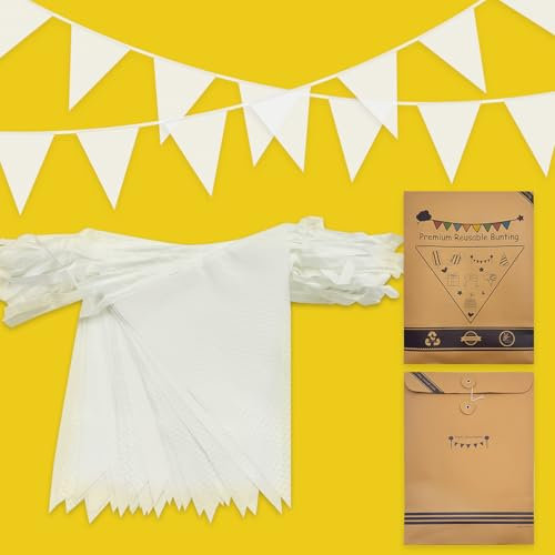 15 m weiße Wimpelkette, 42 Stück, Stoff-Dreieck-Banner für drinnen und draußen, Geburtstag, Babyparty, Hochzeit, Garten, Zuhause, Party-Dekorationen