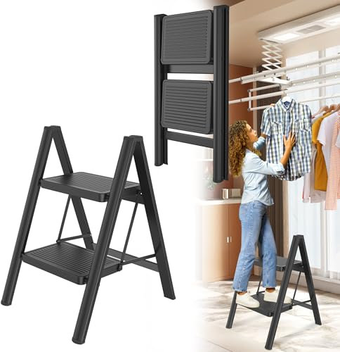 HENGMEI Alu Trittleiter 2 Stufen Leiter Klappleiter Tritthocker rutschfeste Stehleiter Treppenleiter Haushaltsleiter mit Anti Rutsch Pedal Multifunktionale Stufenleiter 150kg Belastbar