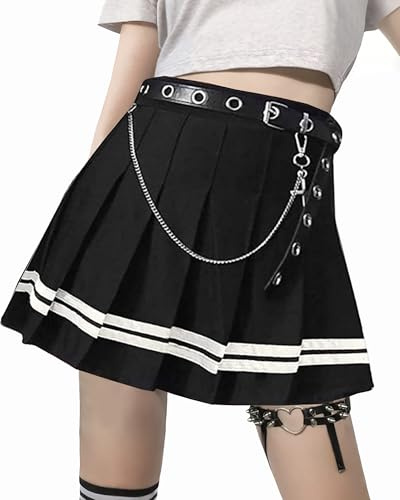 DINGJIUYAN Minifalda plisada con diseño de cruz punk y cinturón con cadena, color negro, uniforme escolar, S