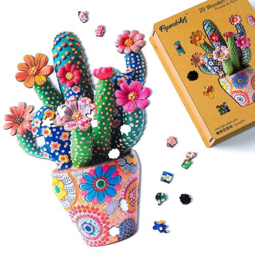 Figured'Art Puzzle in Legno per Adulti e Bambini, 200 Pezzi - Cactus fiorito in vaso - Design Originale 25,4x35,5 cm Forme Uniche, Confezione Premium in Legno, Idea regalo