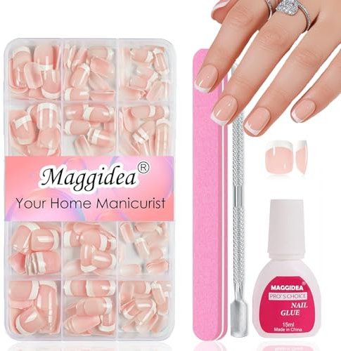240Pcs French Tip False Nails - Short Press On Nails with White Tip for Women Girls - 15 Sizes Full Cover Stick & Glue On Reusable Square Fake Nails - French Manicure Decorations