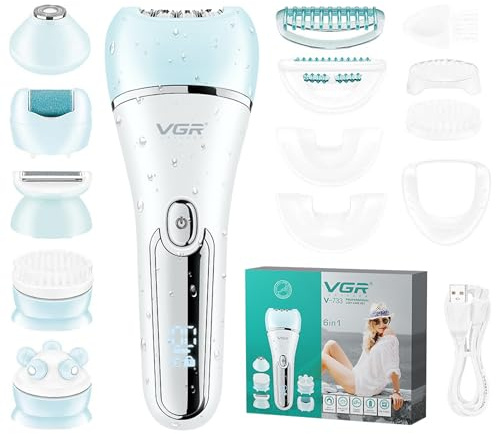 VGR 733 Depiladora Mujeres, 6 en 1 Inalámbrica y Recargable Maquina Depilar, Seco y Húmedo Recortador eléctrica, Afeitadora Facial y Corporal para Cara, Piernas, Axilas, Azul