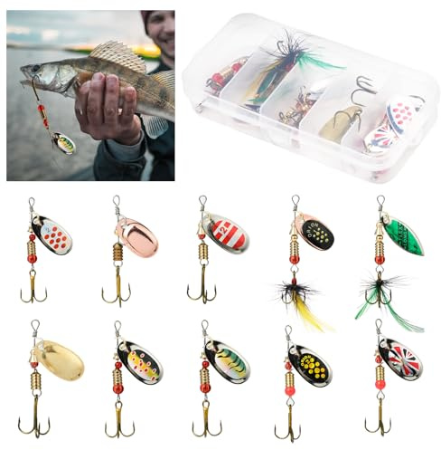 10Pcs Fishing Lures Set, Spinner Bait Set, Multi-Coloured Metal Fishing Lures with Rotating Spinners and Treble Hooks, Fish Lure Kit for Trout Pike Bass Salmon Freshwater and Saltwater Use