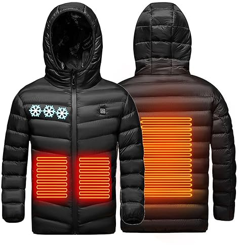 Manteau Doudoune Chauffant Enfants USB Manteau Doudoune Chauffant Electrique Garçons Filles avec 3 Zones de Chauffage pour Le Travail en extérieur Tenue Quotidienne Ski Équitation Moto