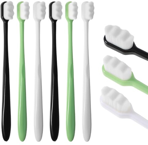 Guduling 6 cepillos de dientes extra suaves, micro nano, cepillo de dientes suave para adultos y niños, cepillos de dientes manuales para encías frágiles (negro + blanco + verde)