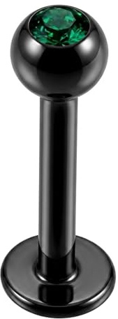 AZARIO LONDON Piercing per labbro e trago, in acciaio chirurgico 316L anodizzato, con pietra di cristallo nero anodizzato, diametro 16 mm, 6mm Length - 3mm Ball, Pietre di cristallo, Zirconia cubica