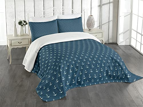 ABAKUHAUS Anker Tagesdecke Set, Nautical Simple Classic, Set mit Kissenbezügen Waschbar, für Doppelbetten 220 x 220 cm, Blau