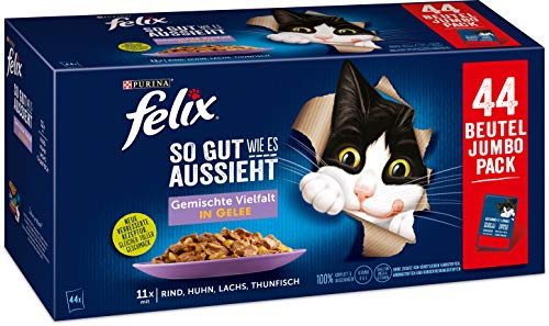 Felix Katzennassfutter So gut wie es aussieht in Gelee Geschmacksvielfalt vom Land 44x 85 g Portionsbeutel