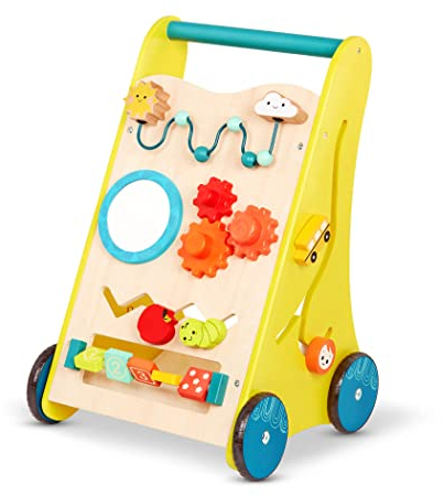 B. toys Lauflernwagen Holz – Lauflernhilfe mit Motorikschleife, Uhr, Zahlen lernen – Walker, Laufhilfe, Laufwagen, Holzspielzeug Baby Spielzeug ab 1 Jahr