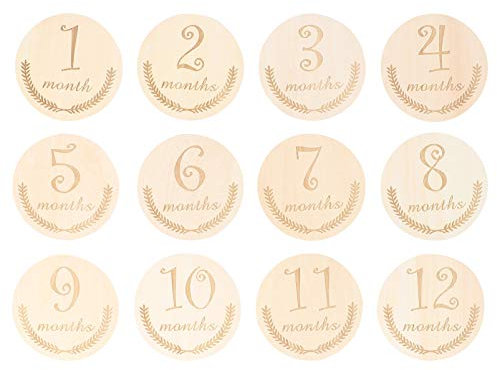 Amosfun 12 Stück Hölzerne Baby Monatliche Meilensteinkarten Doppelseitige Scheiben Neugeborene Fotografie Requisiten für Neujahr Baby Säuglinge Stil 4