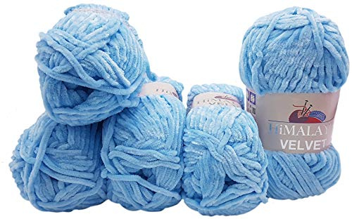 5 x 100 Gramm Himalaya Velvet Micro-Polyester Strickwolle, Babywolle samtig 500 Gramm Wolle (blau 90006)