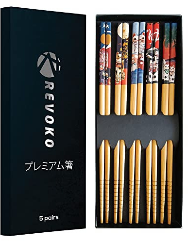 REVOKO Bamboo Chopsticks - Premium 5-Pack Japanese Reusable Chopsticks with Fortune Cat Print - Natural Food-Grade Chop Sticks for Sushi, Asian Dishes (Fortune Cat Print)