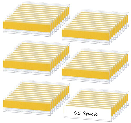 65 Stück Selbstklebende Etikettenhalter, Transparente Etikettenträger für Einstecketiketten (10x3cm) Preisschildhalter aus Plastik für Supermarkt Schule Bibliothek Bücherregal Briefkasten