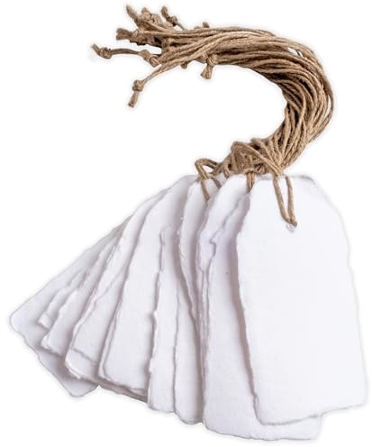 Wanderings Handmade White Deckled Edge Tags with String - 2 x 4 / 5x10cm - Pack of 25 - Ideal for Price or Gift Tags, Arts, Crafts, Place Cards, Name Cards - Cold Press Thick 150 GSM