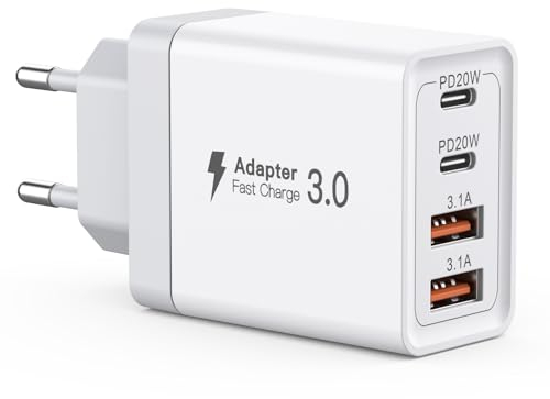 Cargador USB C, Bloque de Carga de 4 Puertos USB C de 40W,Bloque de Carga rápida de Doble Puerto PD+QC Enchufe de Pared, for iPhone 11/12/13/14/15/Pro MAX/iPad/Samsung/Android/Google/Tablet