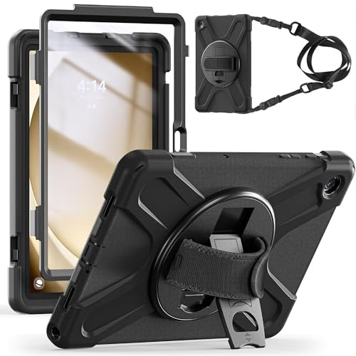 Gerutek Funda Anticaída para Samsung Galaxy Tab A9 Plus 11 2023, Carcasa Rugosa con Protector Pantalla, Soporte 360° Giratorio, Correa de Mano/Hombro, Funda para Tab A9+ Plus SM-X210/X216/X218, Negro