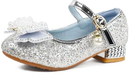 QUNUNOIRE-prinsesskor flickor glitter skor barn högklackade skor flickor paljetter prinsessa cosplay skor fester bröllop sandaler eleganta flickskor, silver, 27 EU