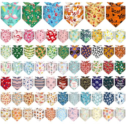Reginary 72 Packs Holiday Dogs Bandanas Bulk Patriotic Halloween Thanksgiving Christmas New Year Birthday Summer Scarf Bibs Easter St. Patrick's Day Pets Bibs Adjustable Dog Bandana for Pet Costume