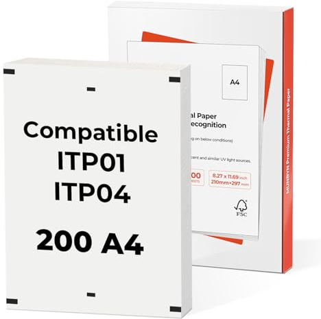 MUNBYN ITP04 A4 Papier Pour Imprimante Thermique, Papier Thermique A4 200 Feuilles, Compatible avec l'imprimante Thermique Portable ITP04/ITP01/A40, Papier Thermique à Alimentation Continue, 210*297mm