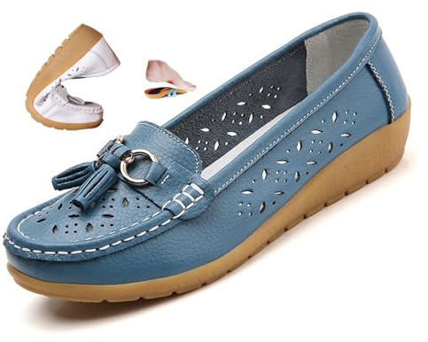 Mocassini ortopedici da donna in pelle traspirante, mocassini estivi senza lacci da guida comodi in pelle per lavoro camminata mocassino scarpe, Blu, 38 EU
