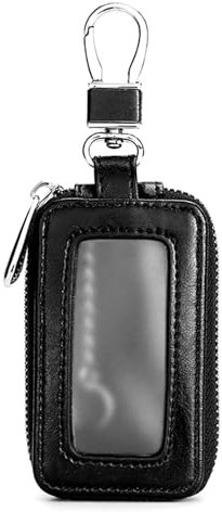 Amexo Borsa Portachiavi per Auto Custodia per Chiave Auto Universale Astuccio Portachiavi Auto in Pelle con Finestra Trasparente con Gancio in Metallo e Cerniera per Uomo Donna