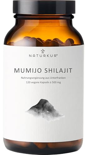 Naturkur® Mumijo Shilajit 500mg (1000mg Tag) - 120 Kapseln im Apothekerglas - 50% Huminsäure 12% Fulvinsäure vegan, ohne Zusatzstoffe, Himalaya, in Handarbeit hergestellt in Unterfranken