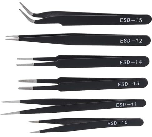 DOETYD 6 PCS Precision Tweezers Set Anti-Static Stainless Steel ESD Tweezers Kit for Jewelry, Electronics, Laboratory, Craft, Soldering